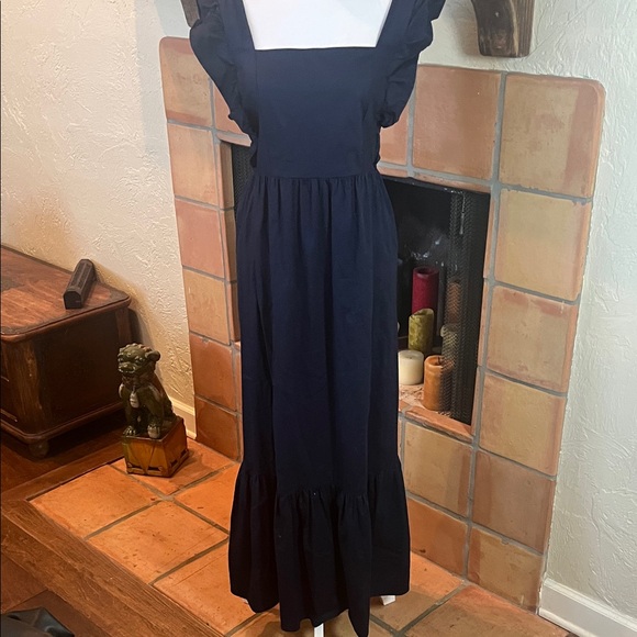 Love Ady Navy Blue Ruffle Strap Tiered Midi Dress, size L - Picture 1 of 8